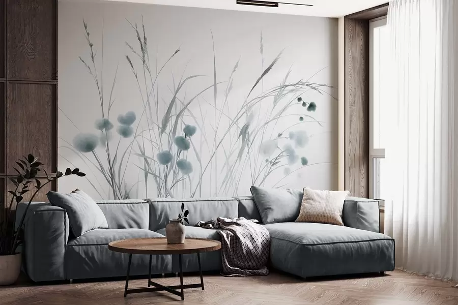 fototapeter Høyt gress og små blå villblomster mot en lys bakgrunn, i en strukturert boho-stil w09902v1