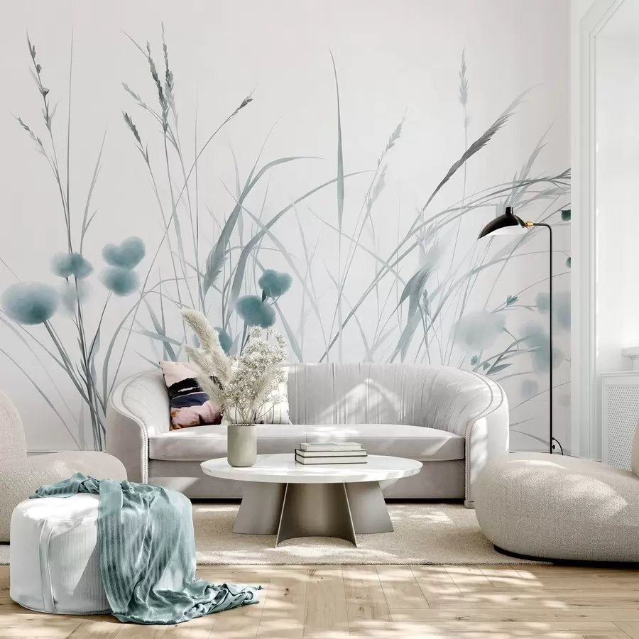 fototapeter Høyt gress og små blå villblomster mot en lys bakgrunn, i en strukturert boho-stil w09902v1