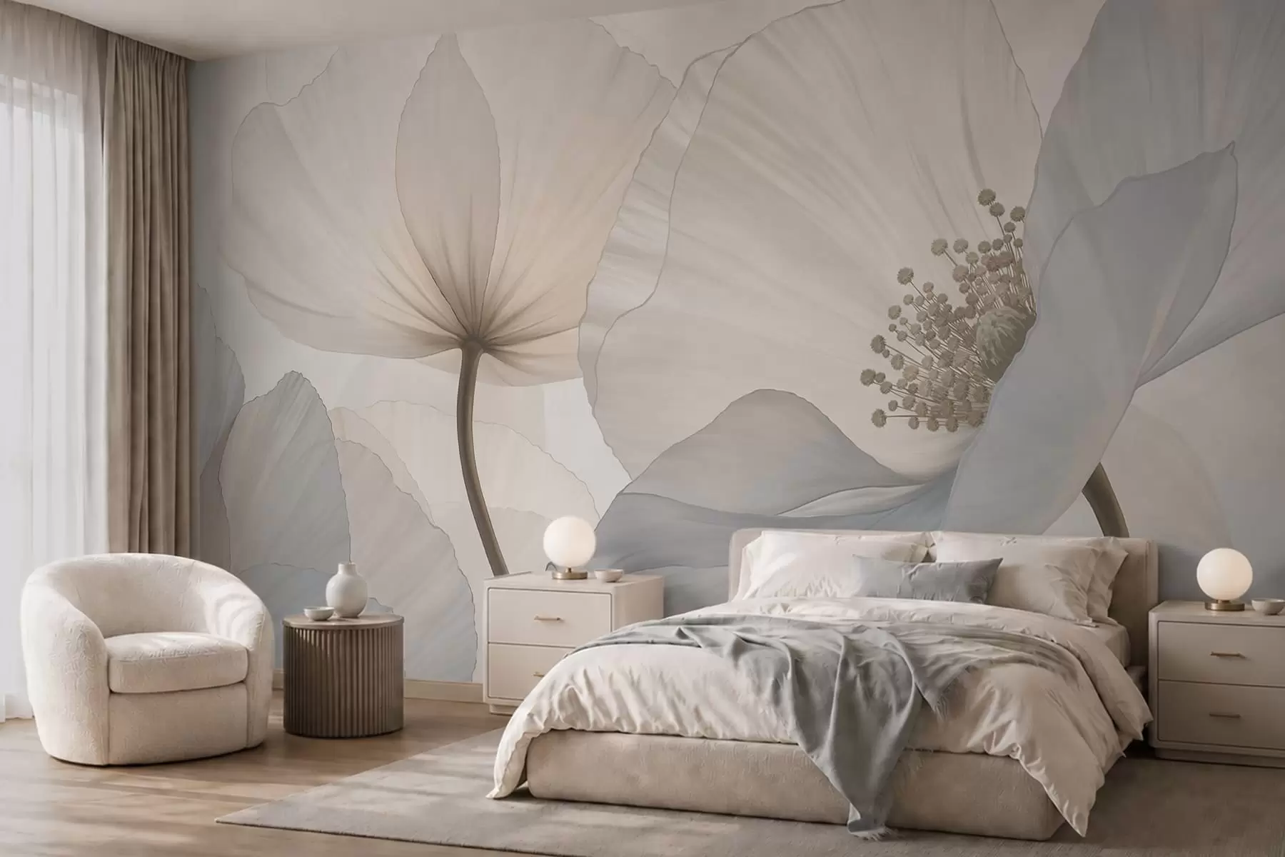 fototapeter Myke, store blomster i lyse pastellfarger w05692