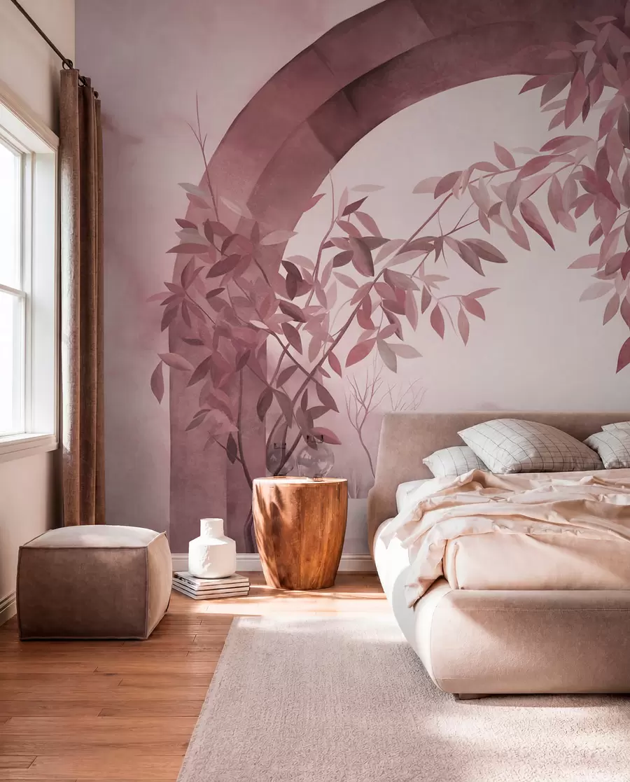 fototapeter En bue med et landskap, trær og løvverk i dempede rosa og grå farger, teksturert kunstverk w09907v1