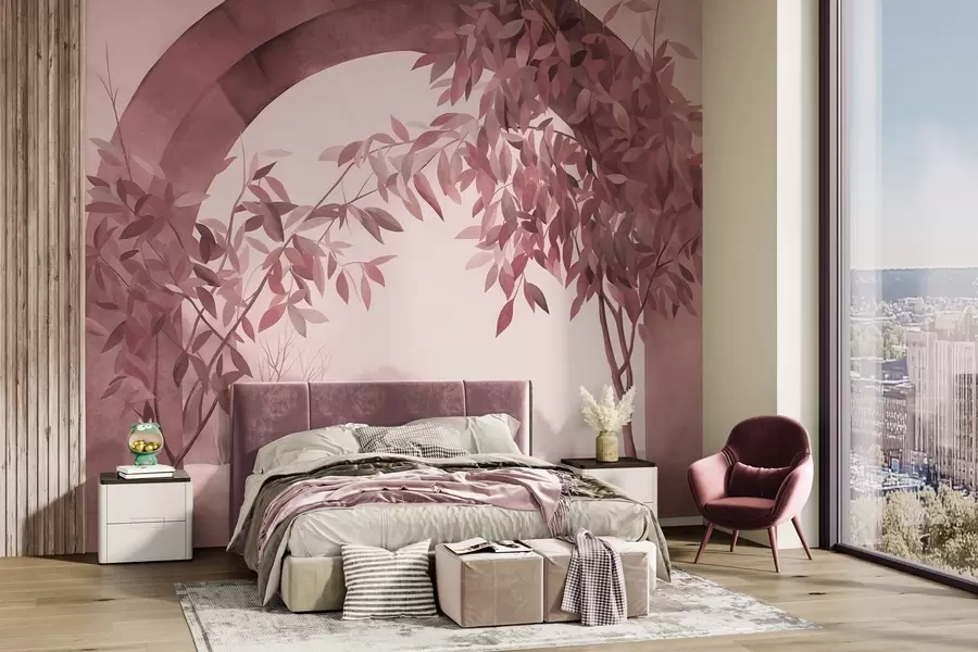 fototapeter En bue med et landskap, trær og løvverk i dempede rosa og grå farger, teksturert kunstverk w09907v1