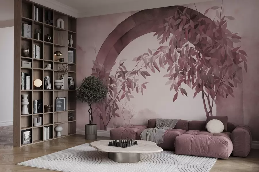 fototapeter En bue med et landskap, trær og løvverk i dempede rosa og grå farger, teksturert kunstverk w09907v1