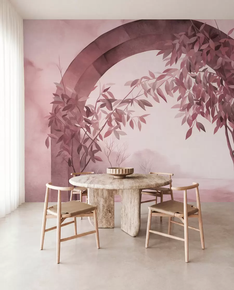 fototapeter En bue med et landskap, trær og løvverk i dempede rosa og grå farger, teksturert kunstverk w09907v1