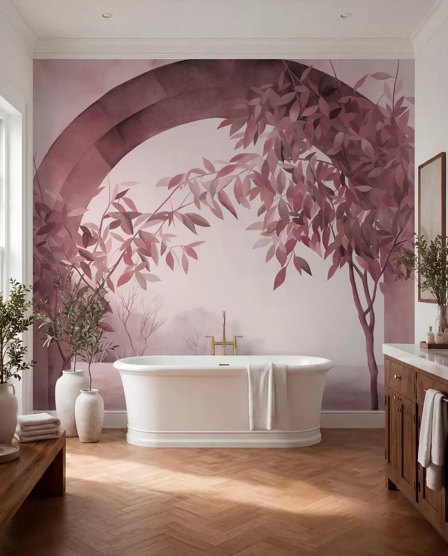fototapeter En bue med et landskap, trær og løvverk i dempede rosa og grå farger, teksturert kunstverk w09907v1
