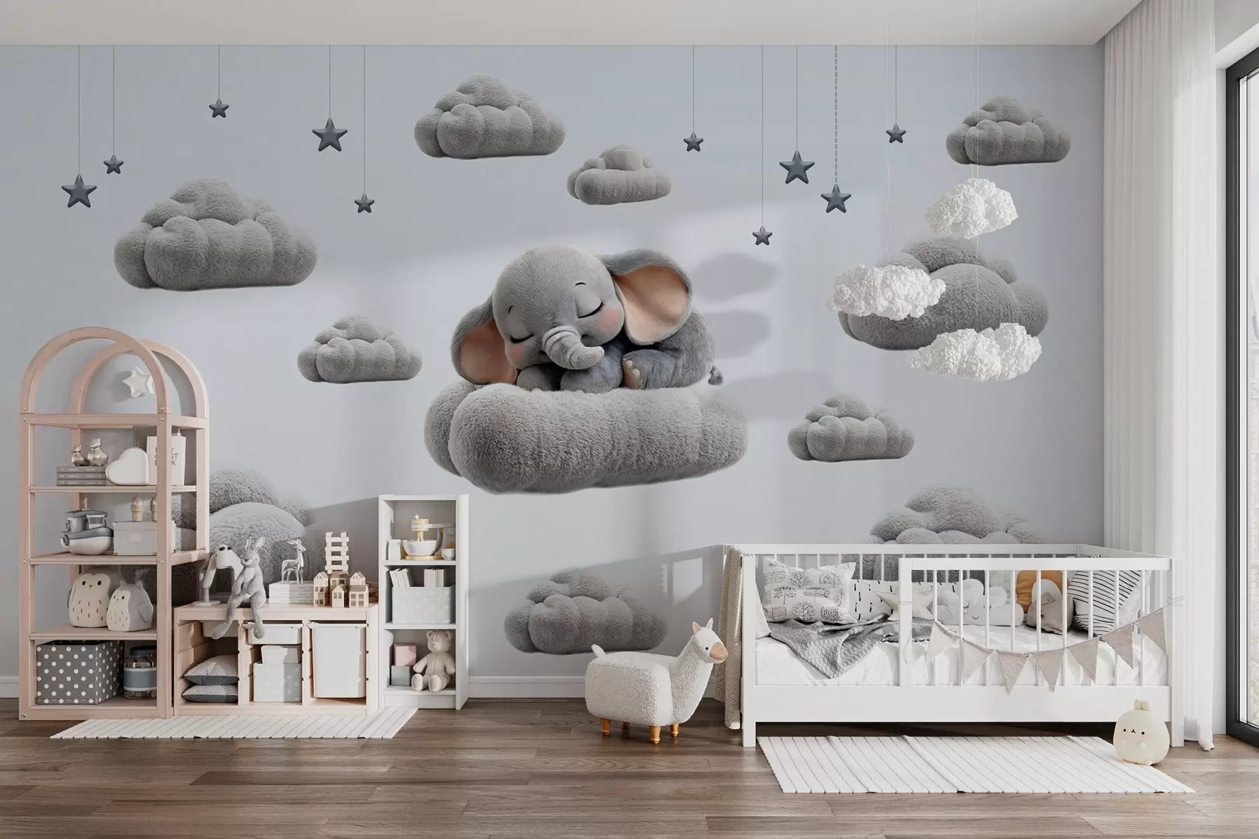 fototapeter en søt liten elefant i 3D-stil, som sover blant myke skyer w05754