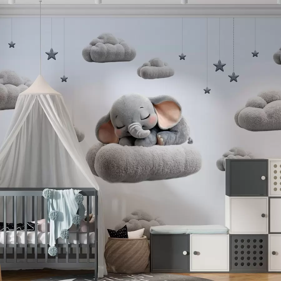 fototapeter en søt liten elefant i 3D-stil, som sover blant myke skyer w05754