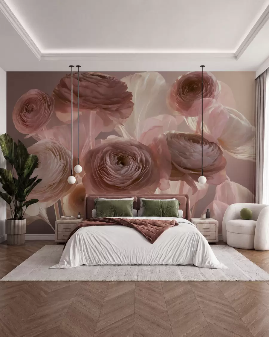 fototapeter Store, kunstneriske ranunkelblomster i myke rosa- og kremfarger w09921