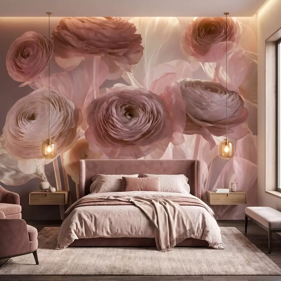 fototapeter Store, kunstneriske ranunkelblomster i myke rosa- og kremfarger w09921