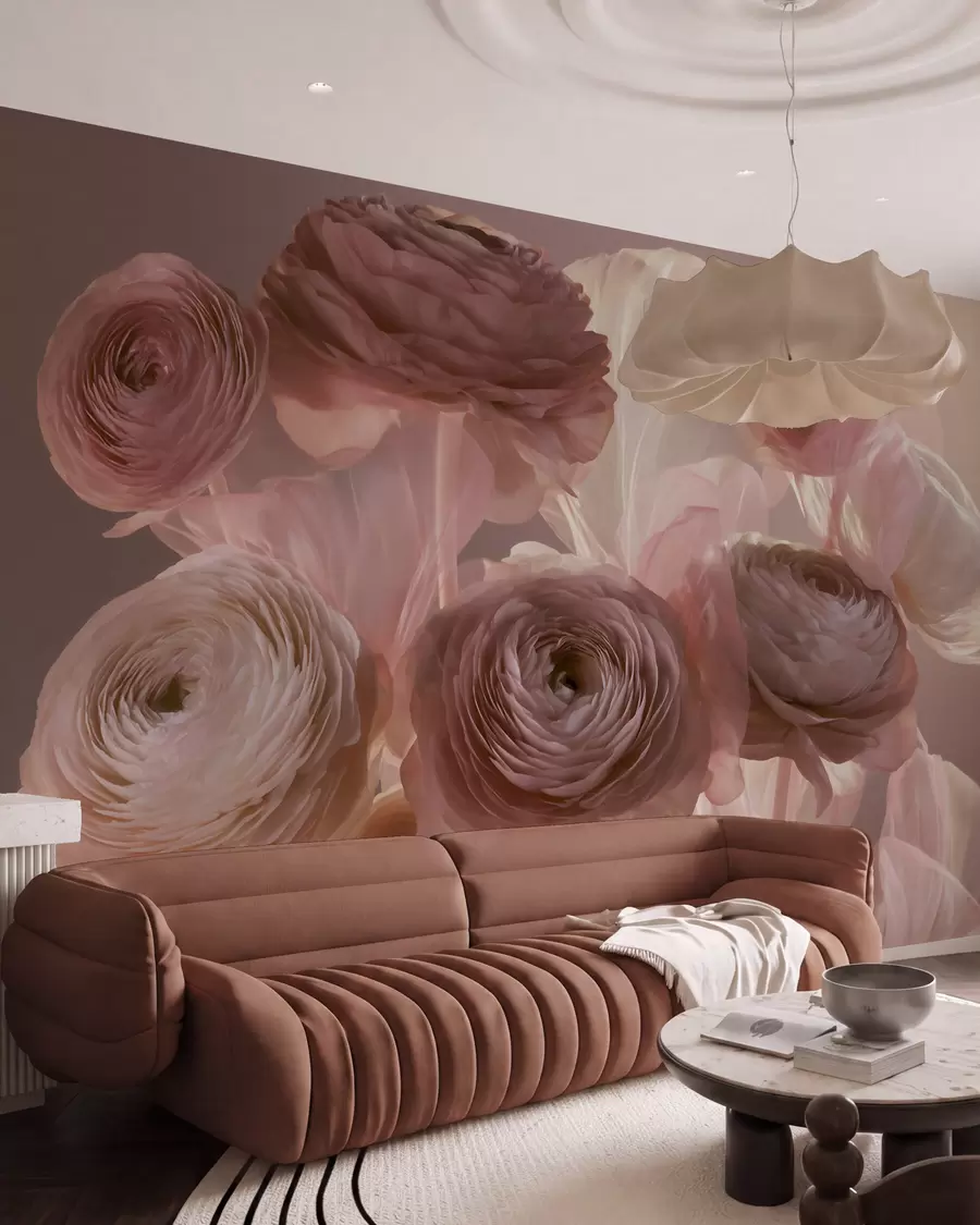 fototapeter Store, kunstneriske ranunkelblomster i myke rosa- og kremfarger w09921