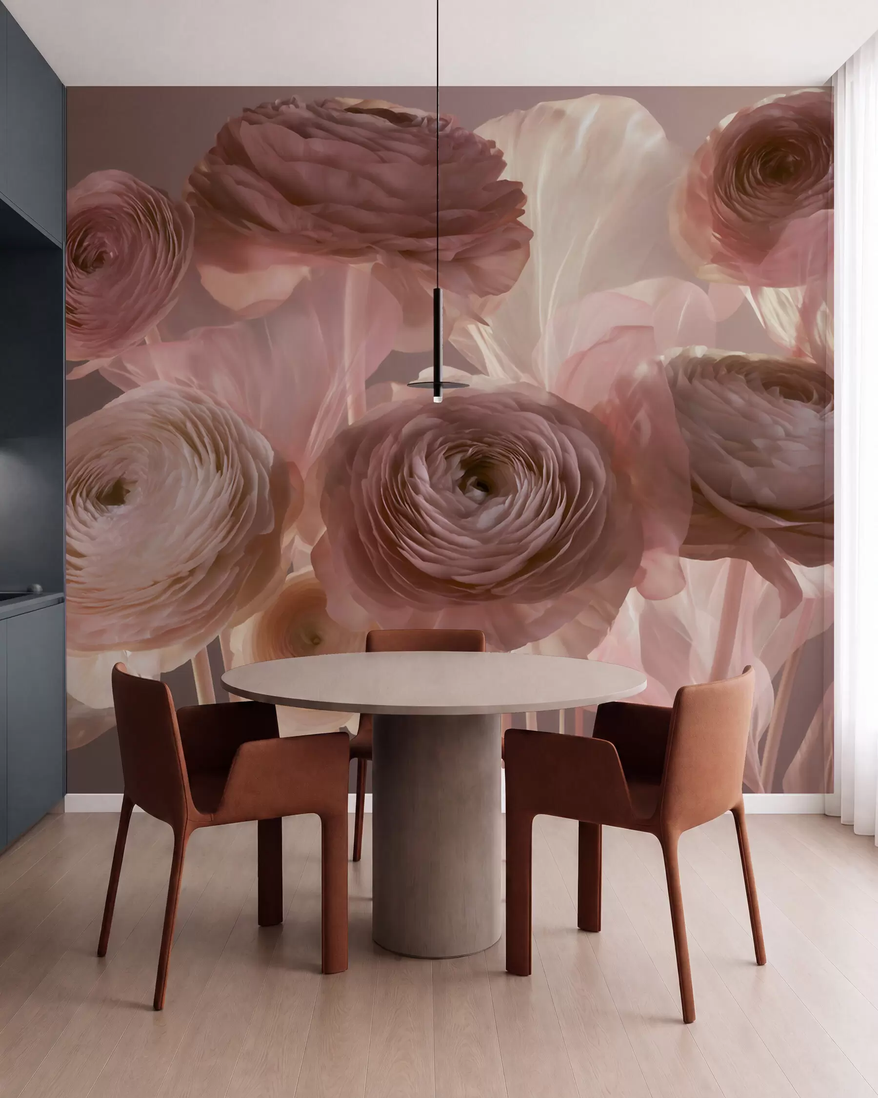 fototapeter Store, kunstneriske ranunkelblomster i myke rosa- og kremfarger w09921