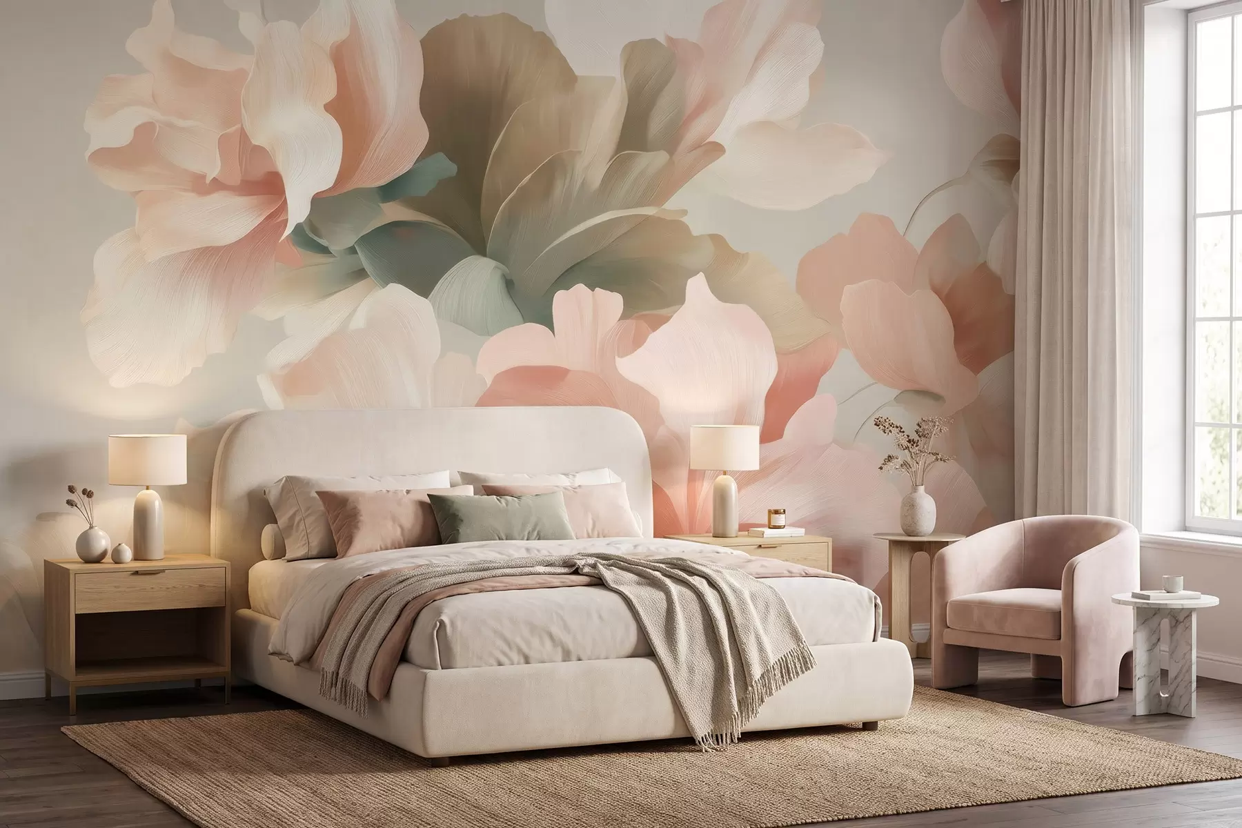 fototapeter Store, kunstneriske blomster i myke pastellfarger som krem, rosa og grønt w09935