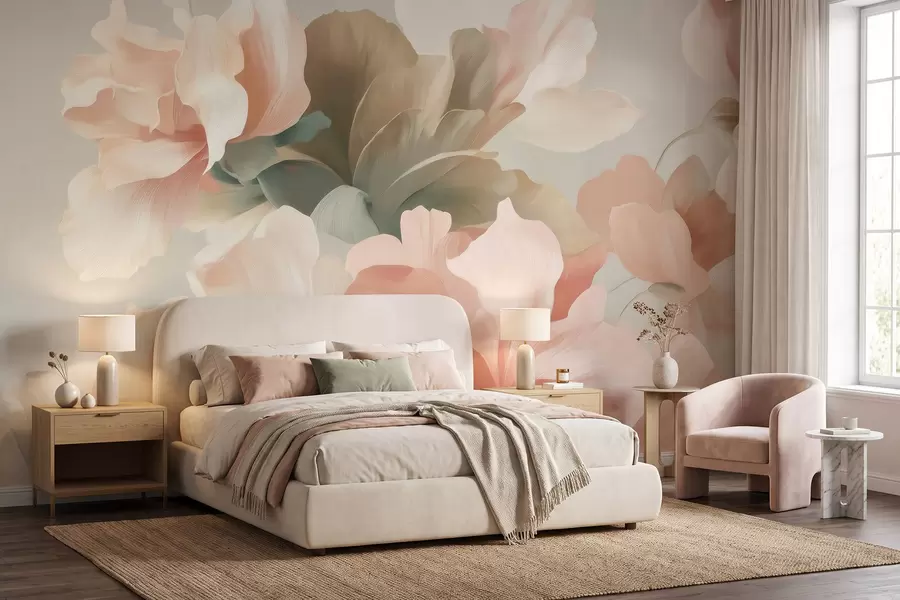 fototapeter Store, kunstneriske blomster i myke pastellfarger som krem, rosa og grønt w09935