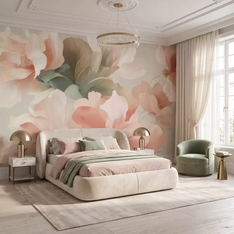 fototapeter Store, kunstneriske blomster i myke pastellfarger som krem, rosa og grønt w09935
