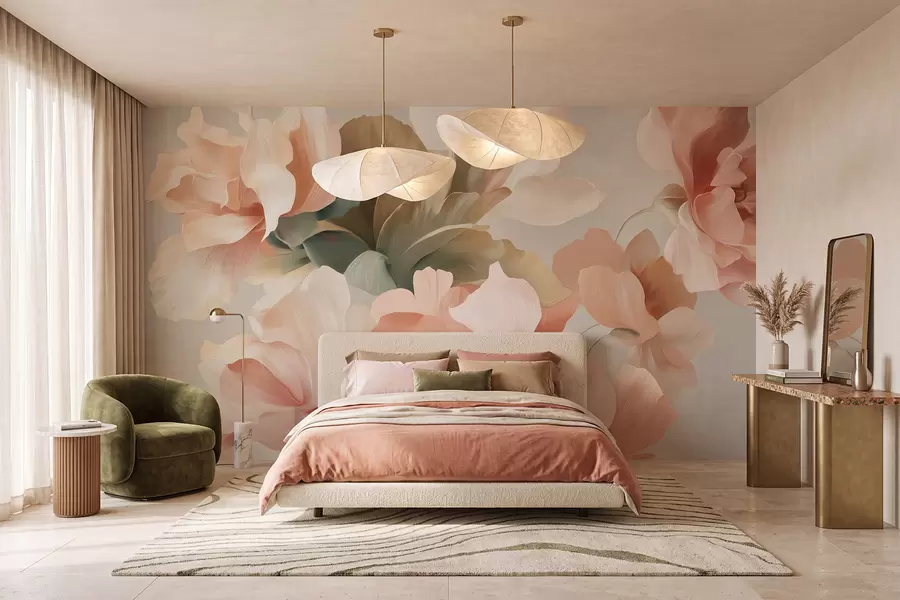 fototapeter Store, kunstneriske blomster i myke pastellfarger som krem, rosa og grønt w09935