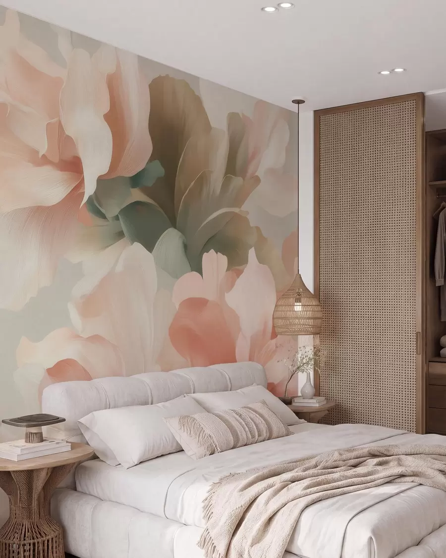 fototapeter Store, kunstneriske blomster i myke pastellfarger som krem, rosa og grønt w09935