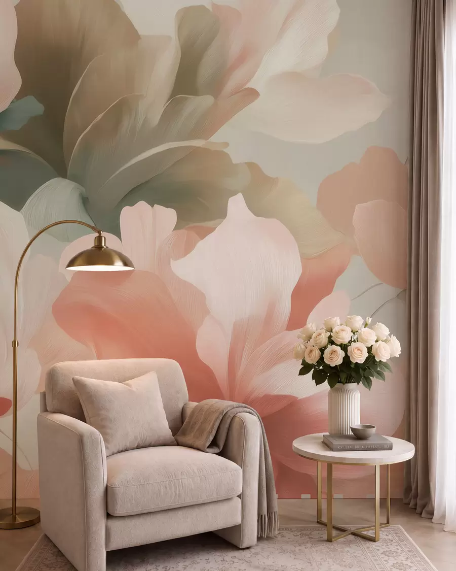fototapeter Store, kunstneriske blomster i myke pastellfarger som krem, rosa og grønt w09935