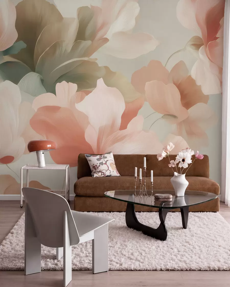 fototapeter Store, kunstneriske blomster i myke pastellfarger som krem, rosa og grønt w09935