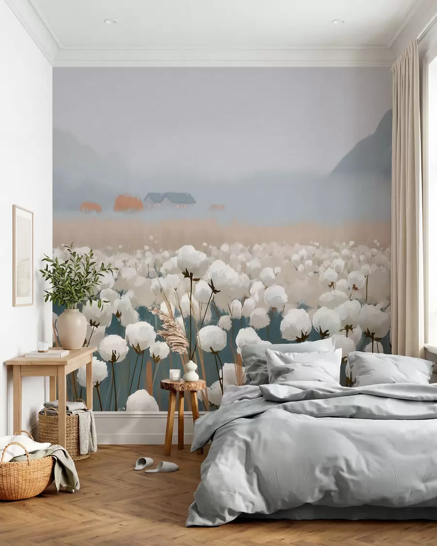 fototapeter Bomullsmark i et tåkete nordlig landskap, i malerisk stil w09934