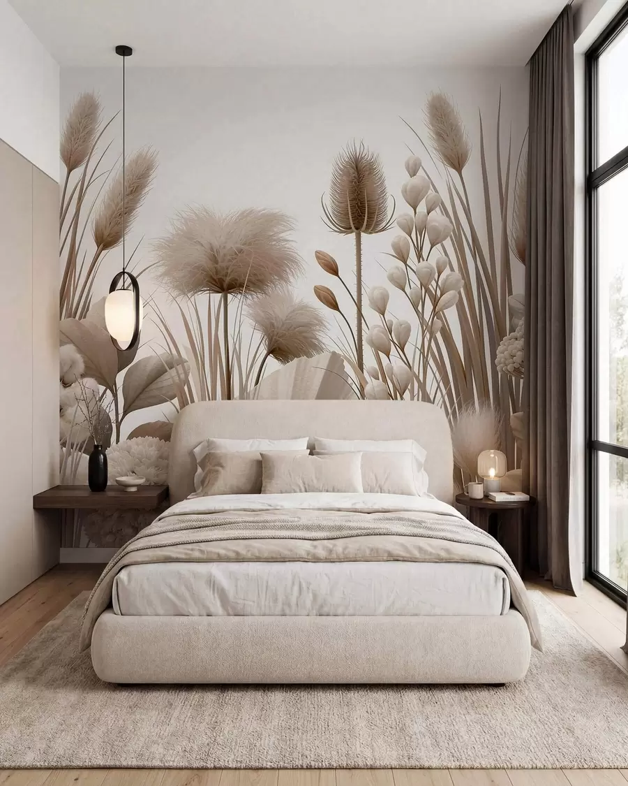 fototapeter Høye, beige tørkede blomster i nøytrale beige nyanser w09932