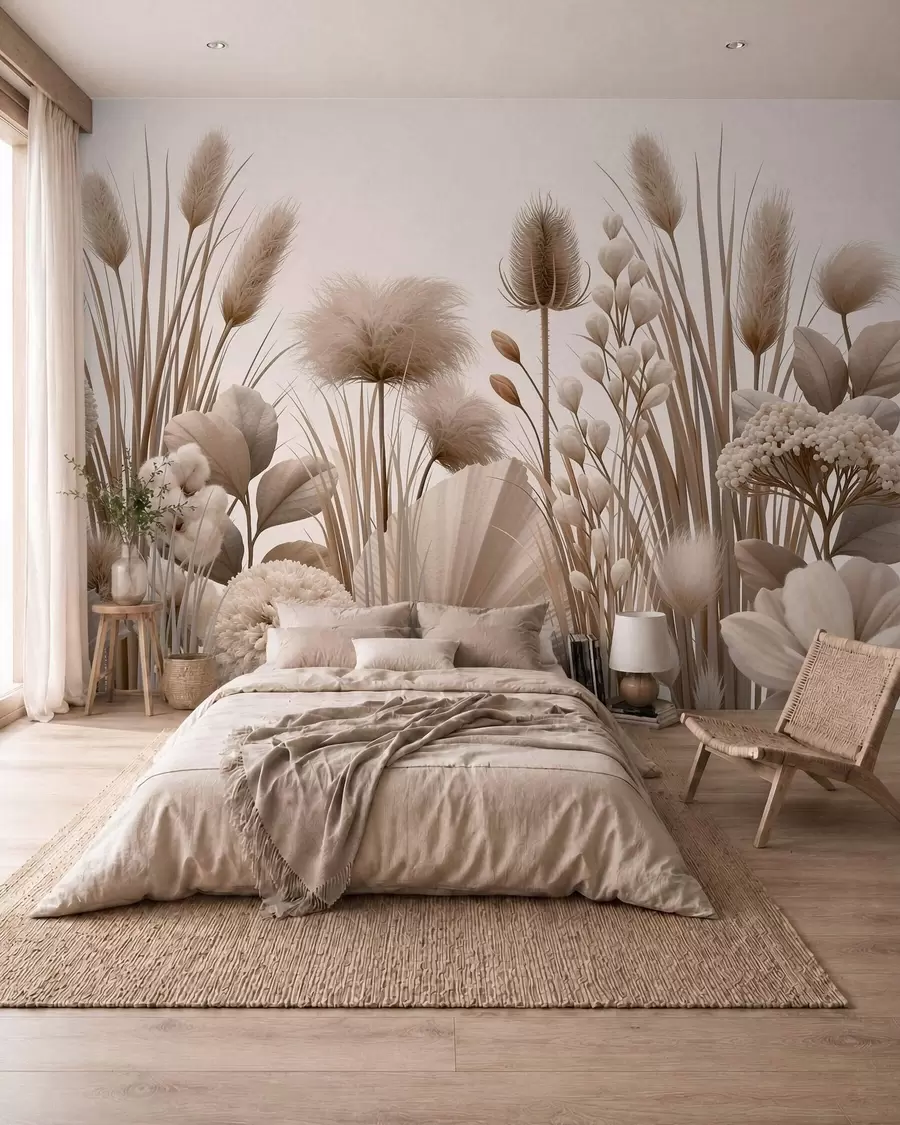 fototapeter Høye, beige tørkede blomster i nøytrale beige nyanser w09932