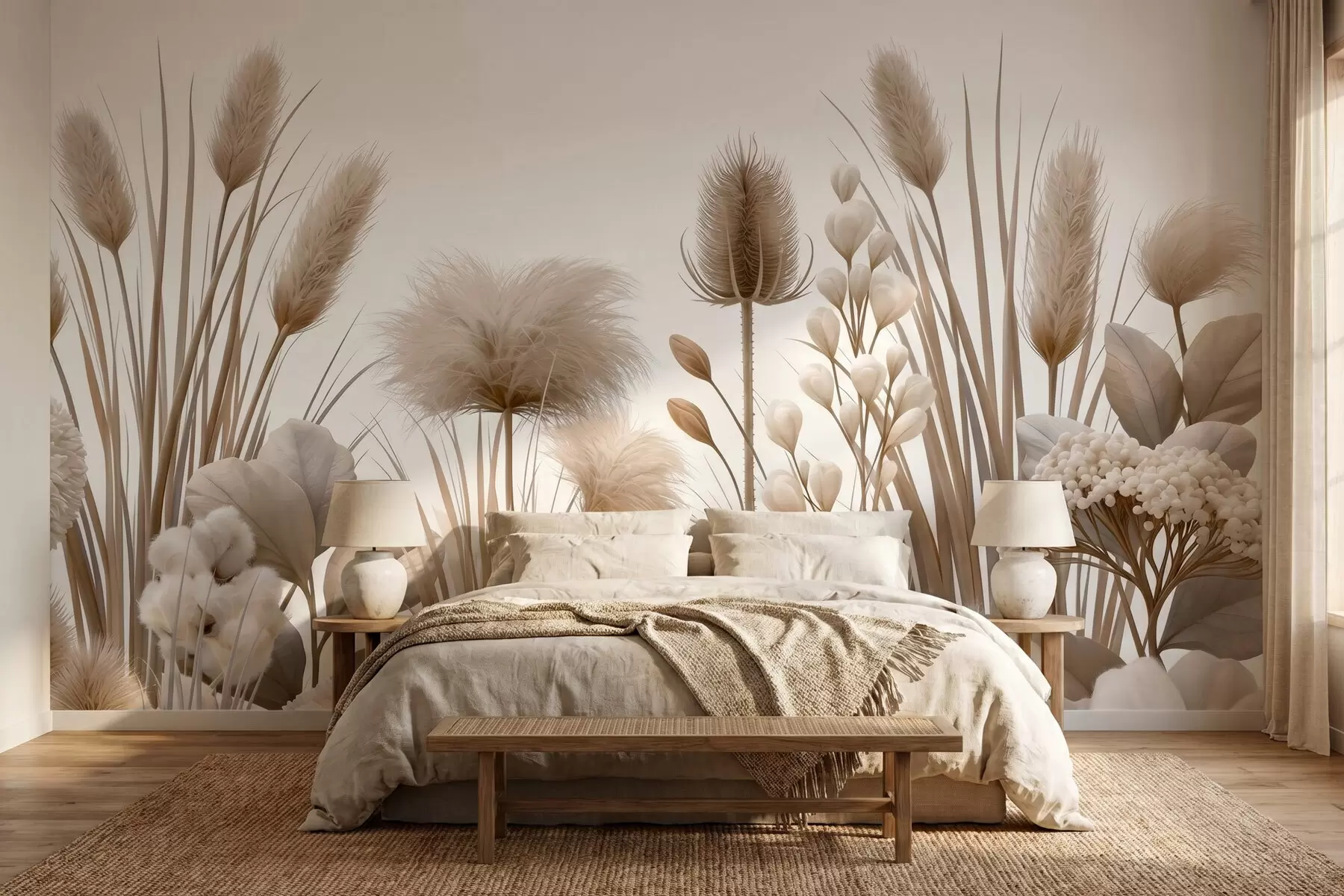 fototapeter Høye, beige tørkede blomster i nøytrale beige nyanser w09932
