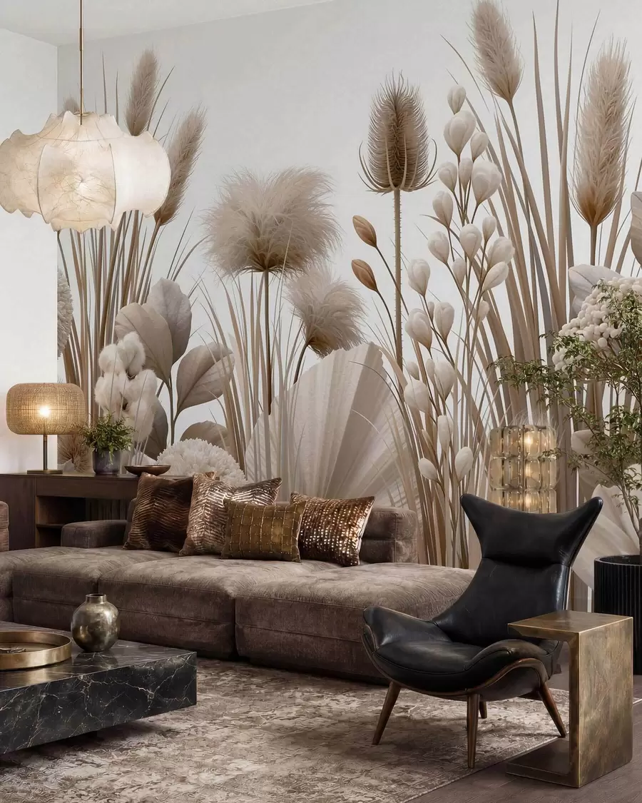fototapeter Høye, beige tørkede blomster i nøytrale beige nyanser w09932