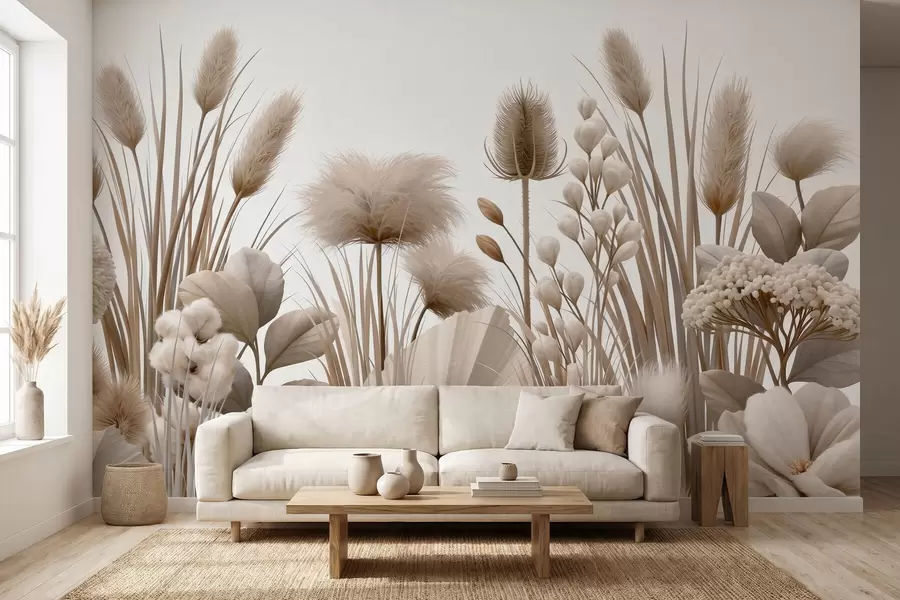 fototapeter Høye, beige tørkede blomster i nøytrale beige nyanser w09932