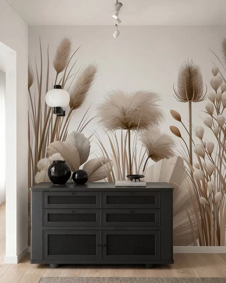 fototapeter Høye, beige tørkede blomster i nøytrale beige nyanser w09932