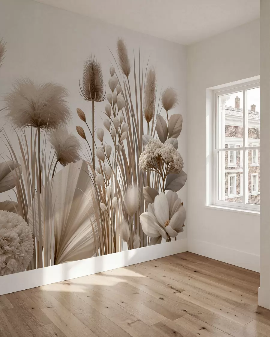 fototapeter Høye, beige tørkede blomster i nøytrale beige nyanser w09932