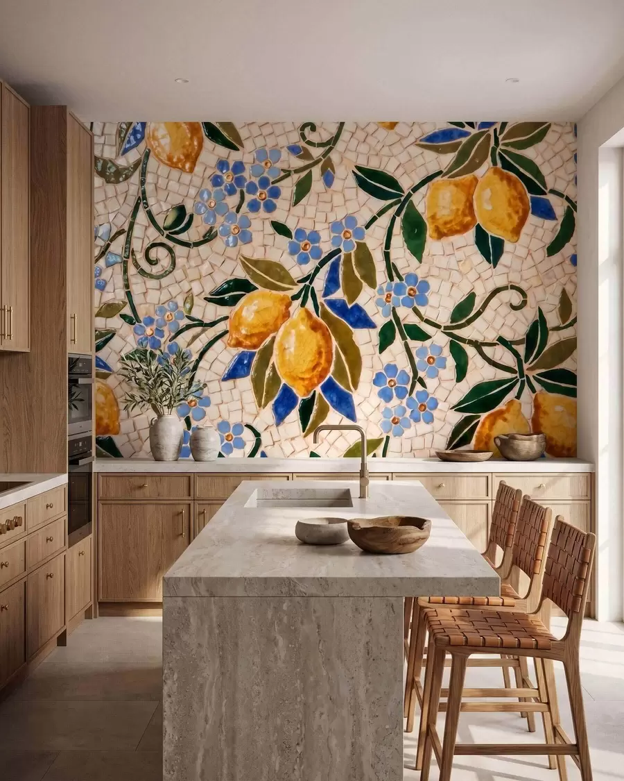 fototapeter En lys og dekorativ komposisjon i keramisk mosaikkstil med saftige sitroner, blomster, blader og grener w09948