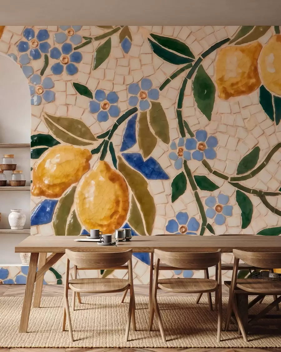 fototapeter En lys og dekorativ komposisjon i keramisk mosaikkstil med saftige sitroner, blomster, blader og grener w09948