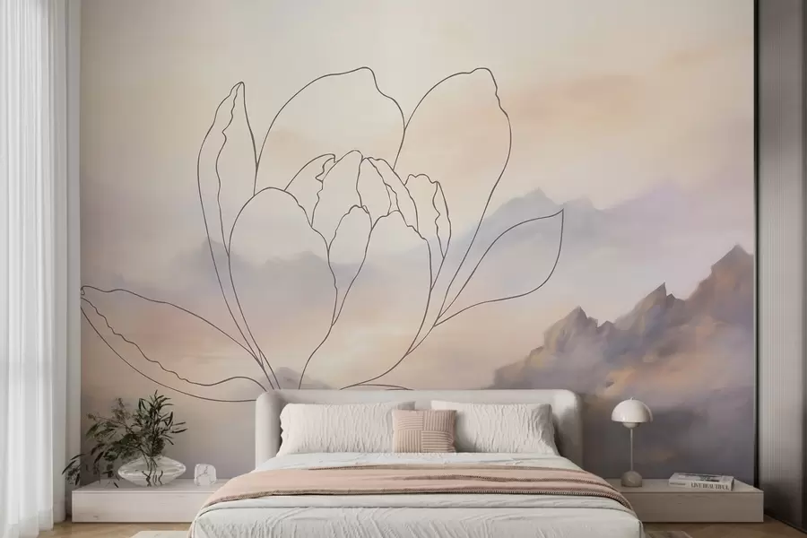 fototapeter Fjellandskap med en blomstersilhuett w05788