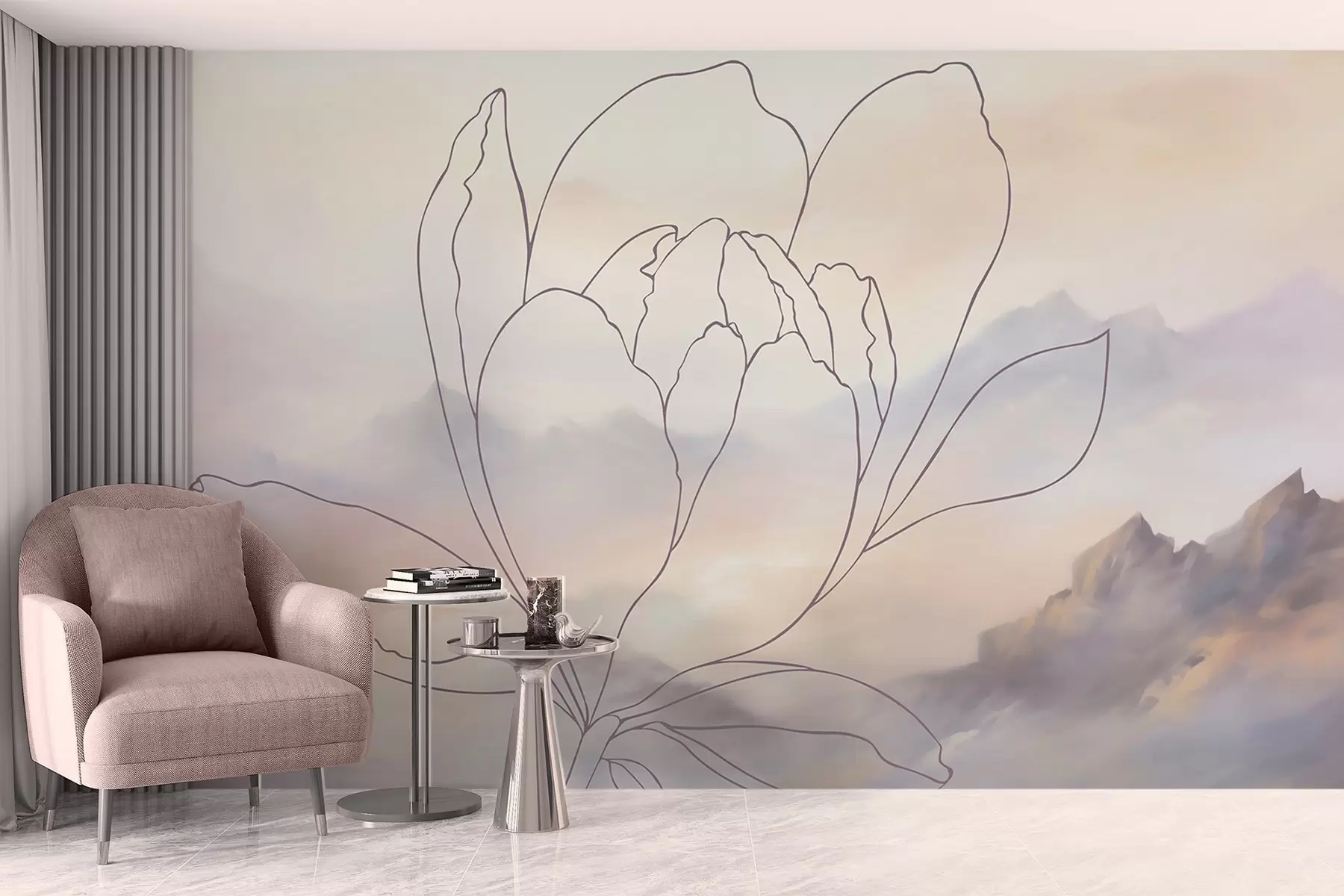 fototapeter Fjellandskap med en blomstersilhuett w05788