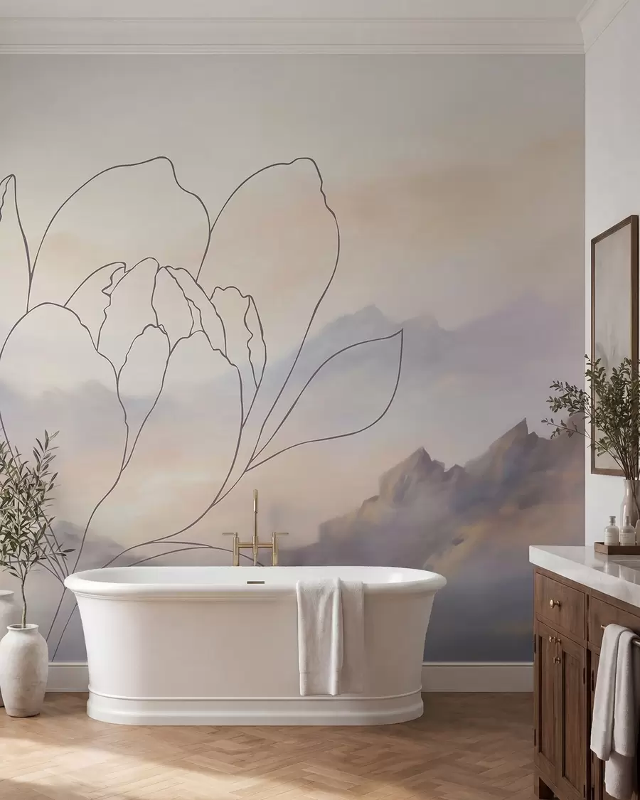 fototapeter Fjellandskap med en blomstersilhuett w05788