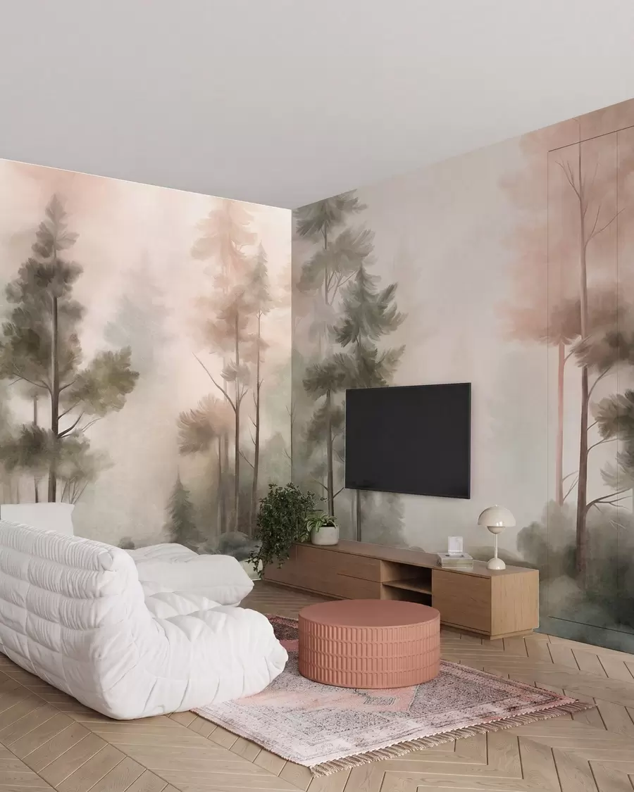 fototapeter En skog med variert struktur, med høye furutrær i nyanser av grønt og rosa, omgitt av en lett tåke w09982