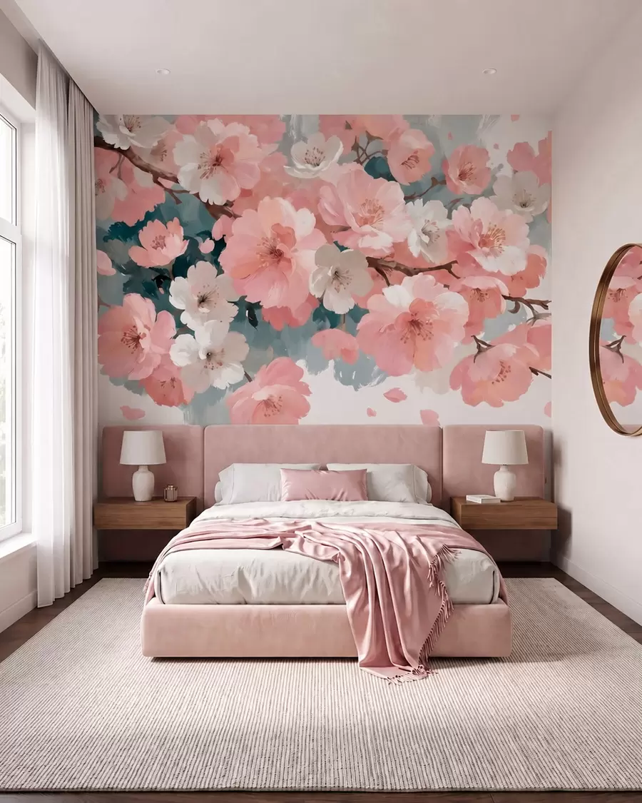 fototapeter Blomstrende kirsebærblomster med rosa og hvite blomster i oljemaleri-stil w09912