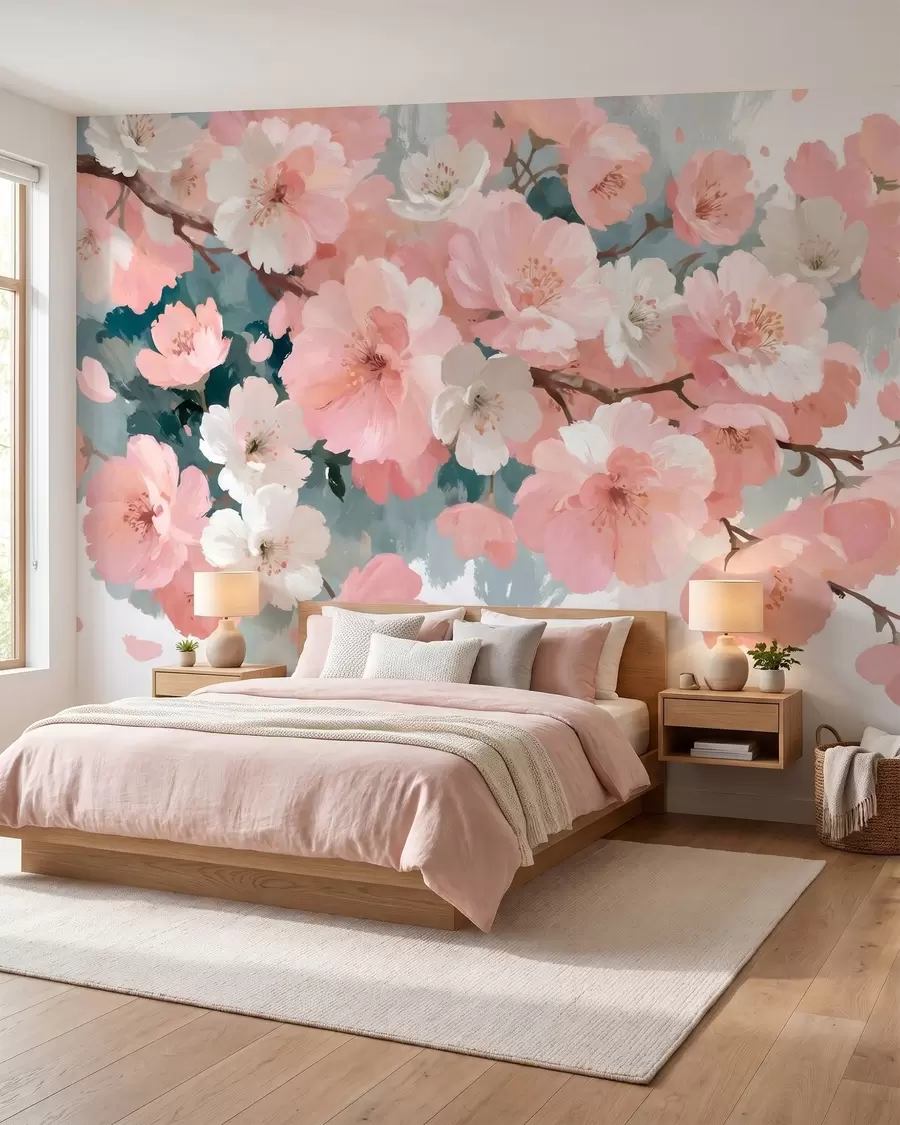 fototapeter Blomstrende kirsebærblomster med rosa og hvite blomster i oljemaleri-stil w09912