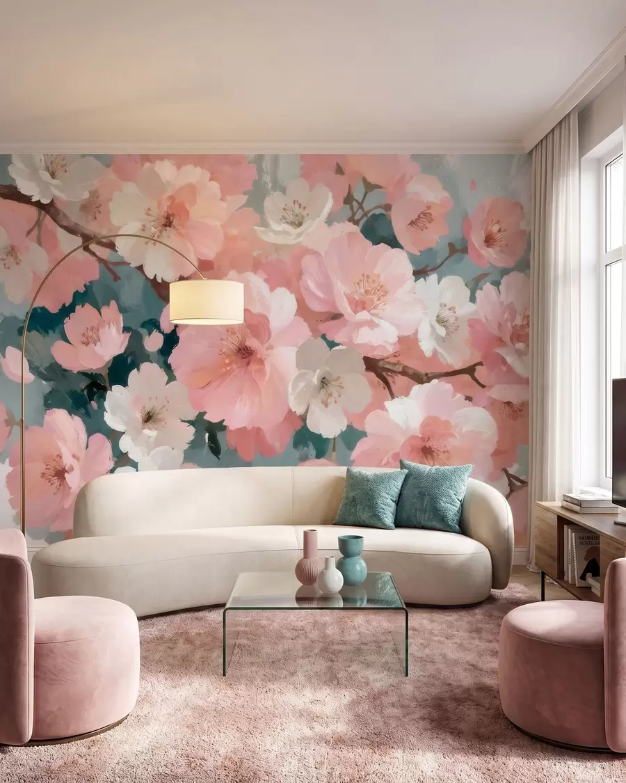 fototapeter Blomstrende kirsebærblomster med rosa og hvite blomster i oljemaleri-stil w09912