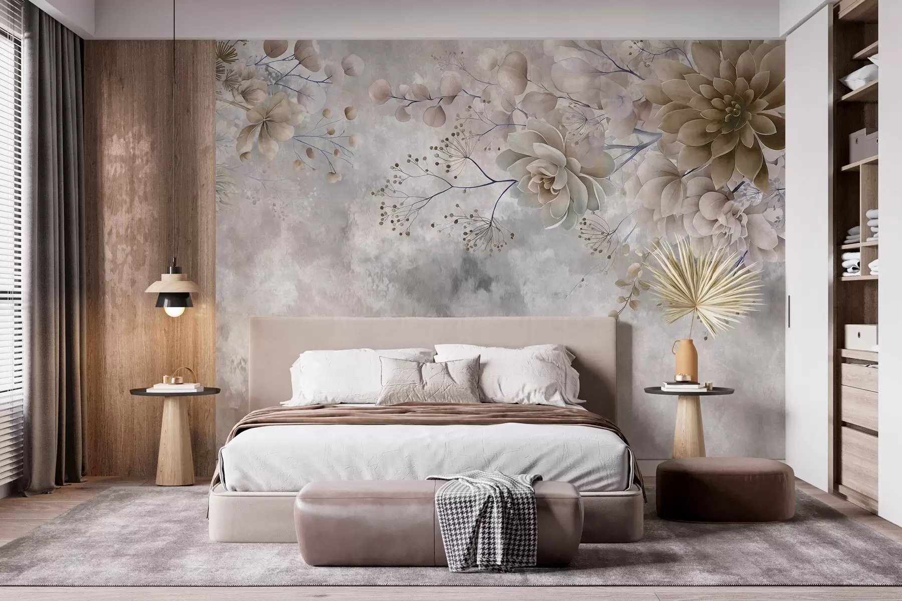 fototapeter Fantastiske blomster i retrostil på bildet ovenfor, i nyanser av beige og brunt w05753