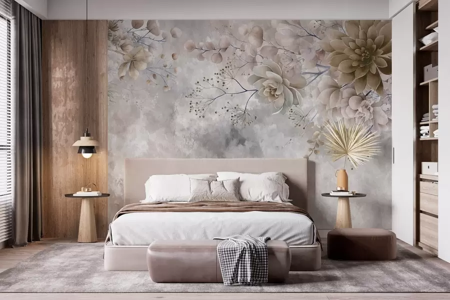 fototapeter Fantastiske blomster i retrostil på bildet ovenfor, i nyanser av beige og brunt w05753