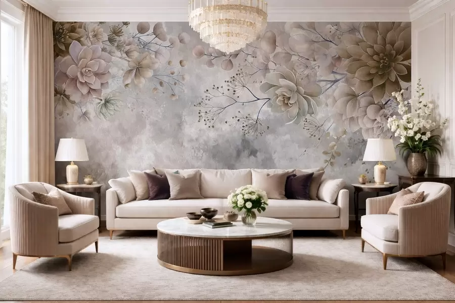 fototapeter Fantastiske blomster i retrostil på bildet ovenfor, i nyanser av beige og brunt w05753