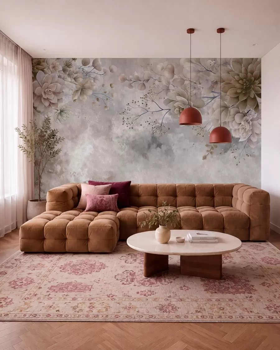 fototapeter Fantastiske blomster i retrostil på bildet ovenfor, i nyanser av beige og brunt w05753