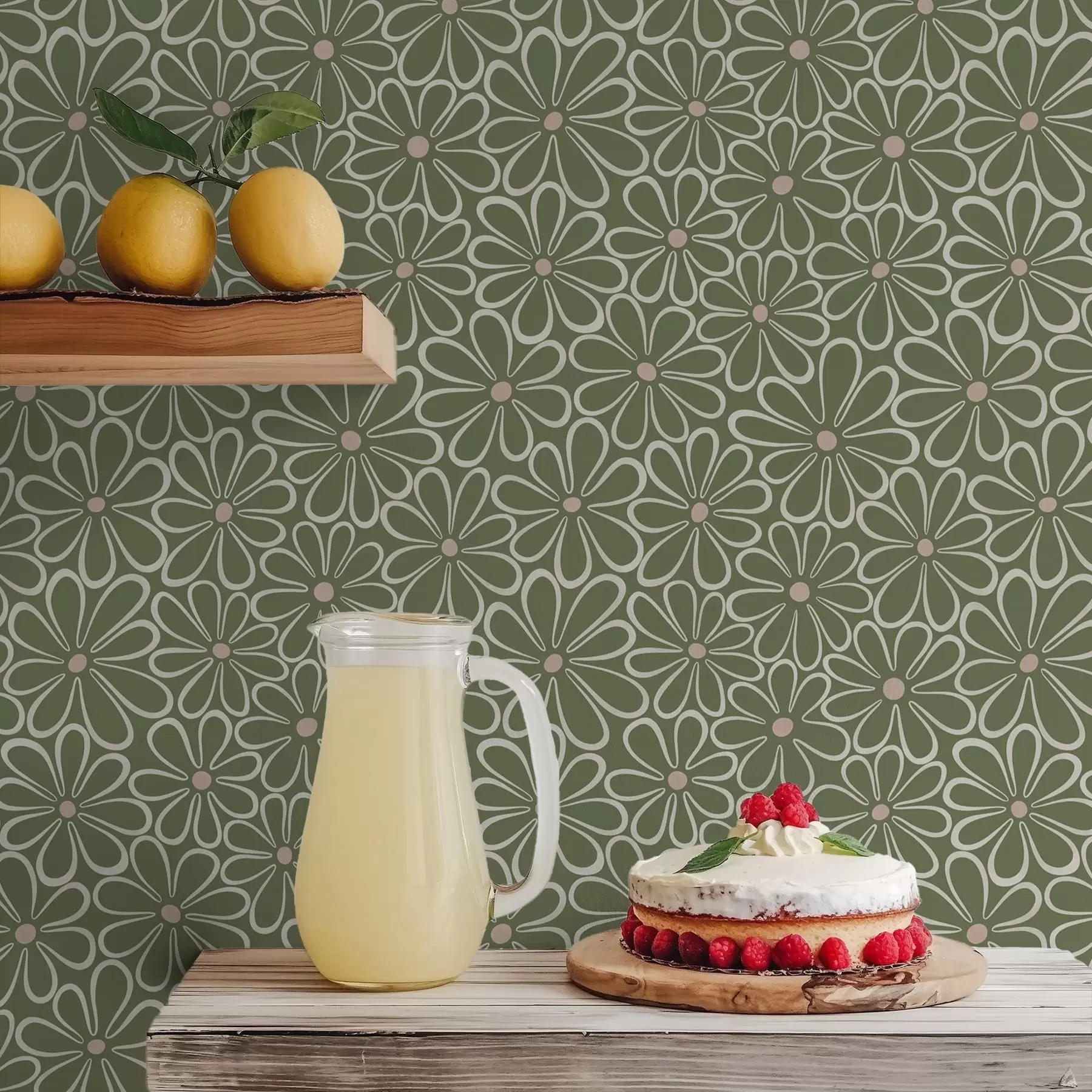 fototapeter Store blomster med konturer på grønn bakgrunn a01234