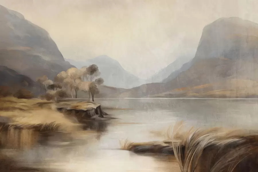 fototapeter Et landskap med varierte teksturer og dempede farger, en innsjø med fjell i bakgrunnen, høyt gress w09978