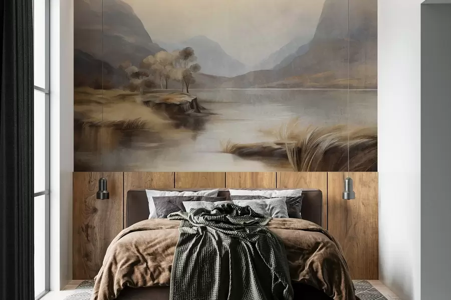 fototapeter Et landskap med varierte teksturer og dempede farger, en innsjø med fjell i bakgrunnen, høyt gress w09978