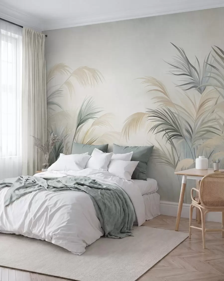 fototapeter Høye planter i dempede nyanser av beige, grønt og grått mot en bakgrunn med myk tekstur w09984