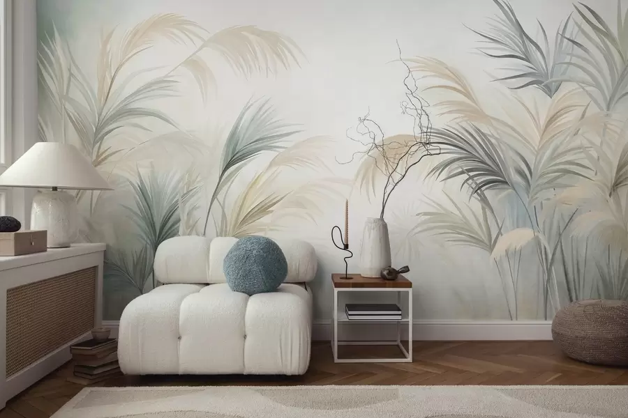 fototapeter Høye planter i dempede nyanser av beige, grønt og grått mot en bakgrunn med myk tekstur w09984