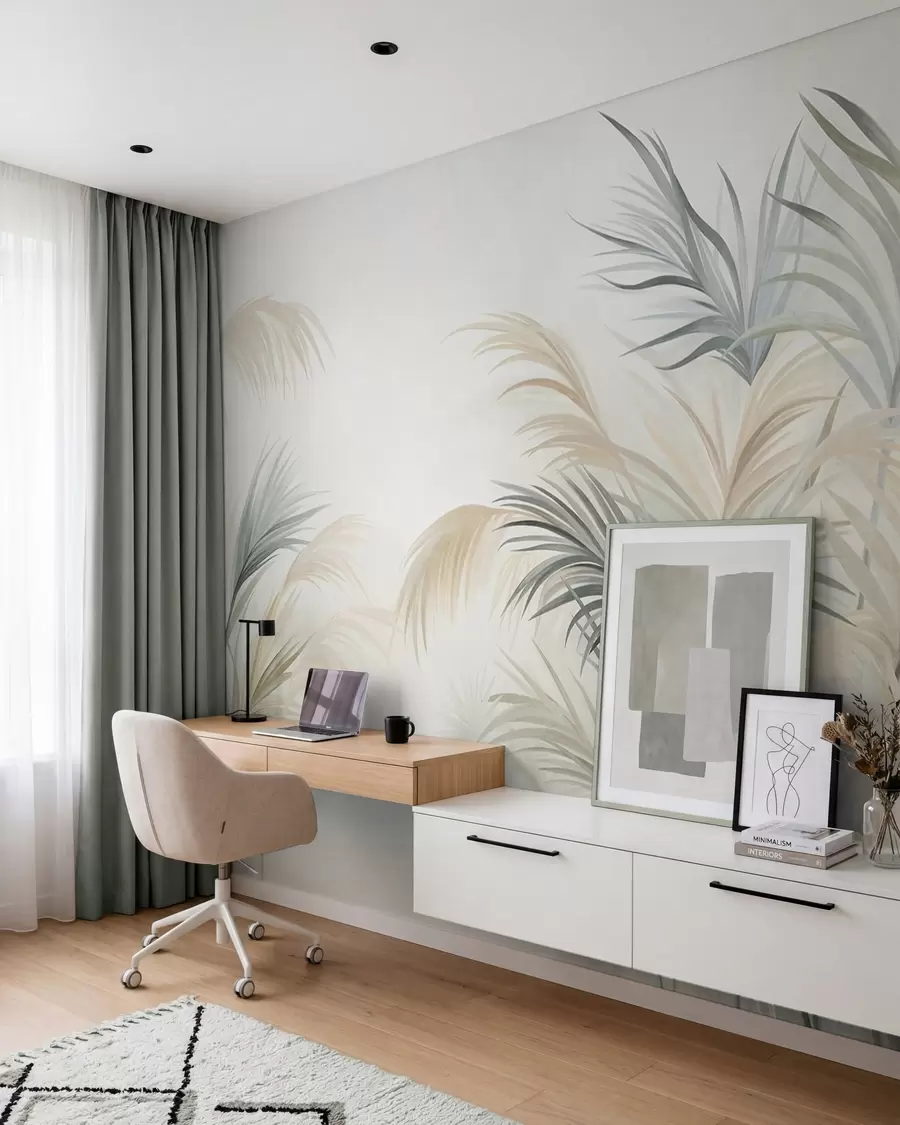 fototapeter Høye planter i dempede nyanser av beige, grønt og grått mot en bakgrunn med myk tekstur w09984
