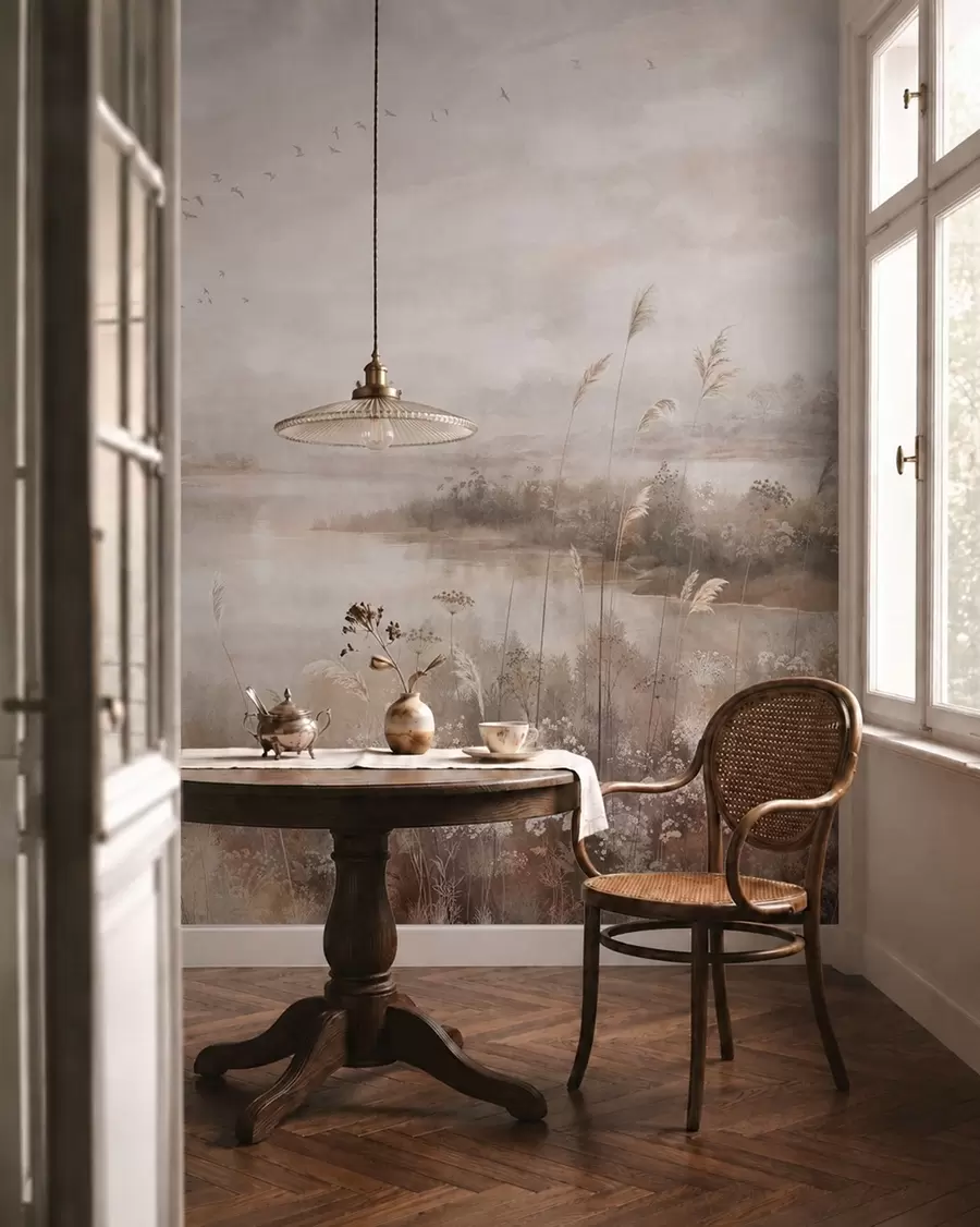 fototapeter Tåkete landskap ved innsjøen med villblomster w05813