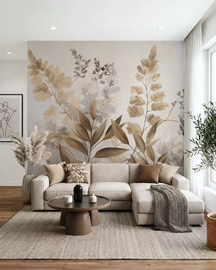 fototapeter Teksturert botanisk kunst, ulike planter og blader i brune og beige nyanser w09979